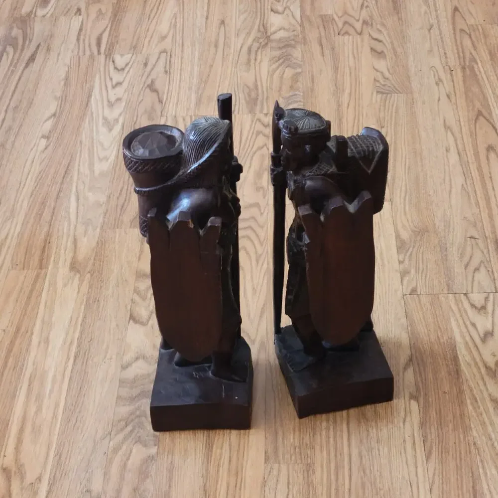 Vintage Latin American Carved Wood Book ends Statues Men and Women with dog